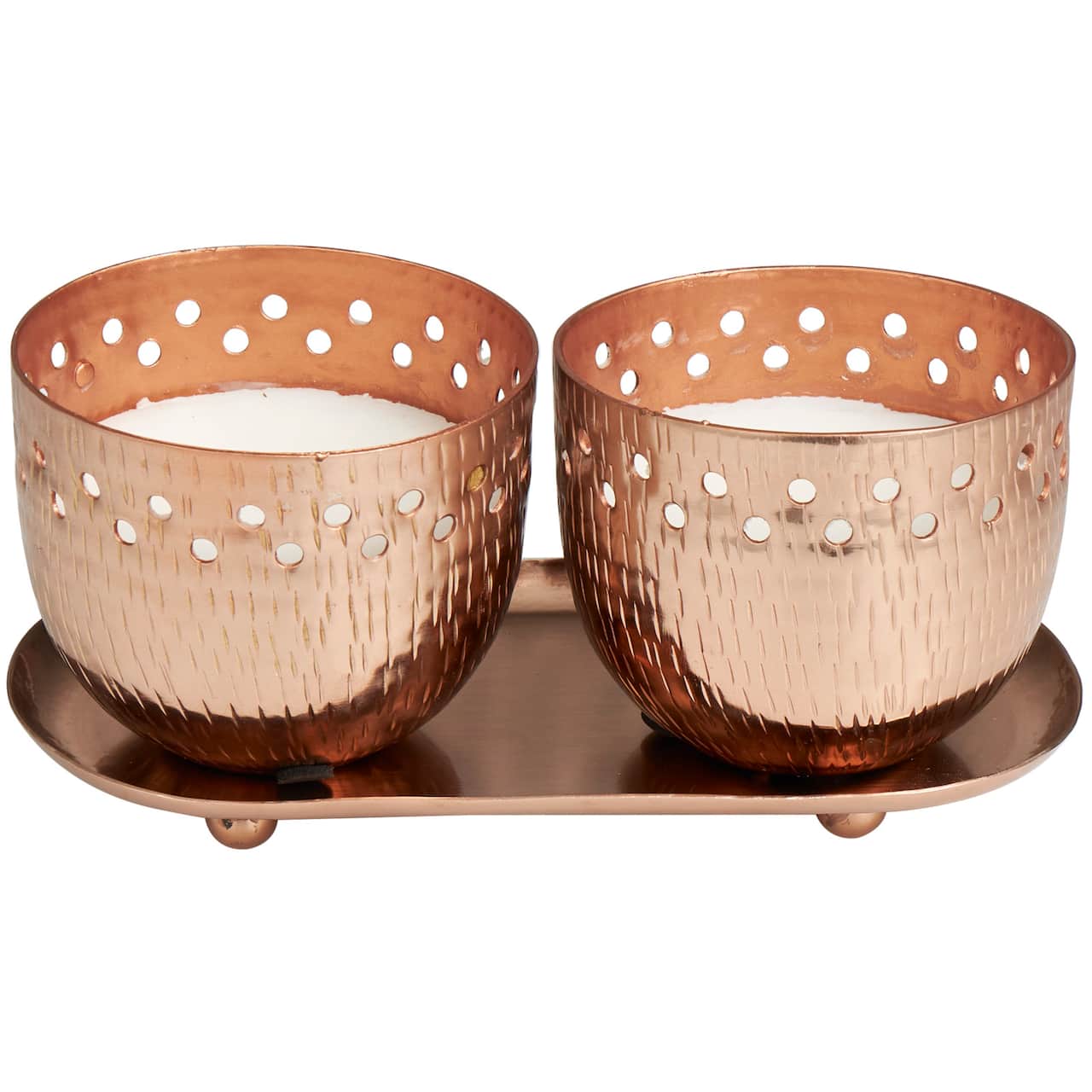 White Wax Sauvignon Blanc Scented Candle Set with Cutout Spotted Copper Container and Oval Holding Tray